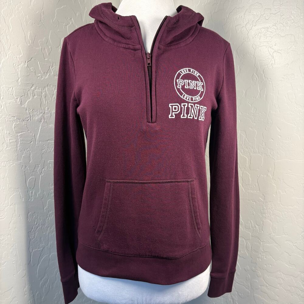 Y2K Vintage Victoria’s Secret PINK Hoodie Burgundy Quarter Zip Pullover M Logo - Picture 1 of 10